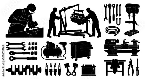 Bild auf Leinwand Automotive Repair and Mechanical Workshop Tools, Equipment, and Mechanics Silhou