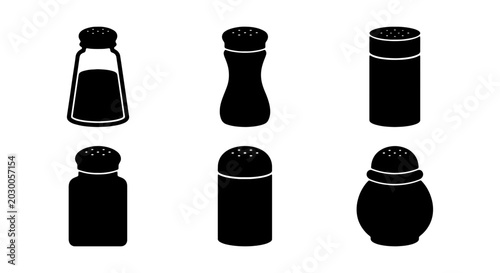 Salt and pepper shaker icons, 6 black spice cellar vectors, kitchen condiment silhouettes