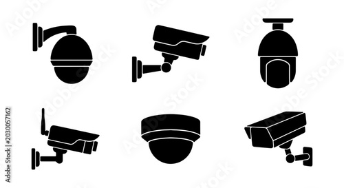 Security camera icon set, 6 CCTV surveillance vector elements, black monitoring symbols