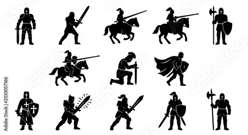Canvastavla Medieval Knights Vector Icons Set, Silhouette Warriors with Swords and Shields,