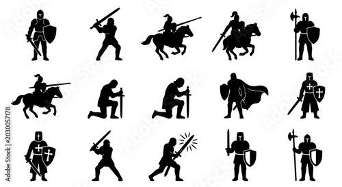 Cuadro en lienzo Medieval Knights Vector Icons Set, Silhouette Warriors with Swords and Shields,