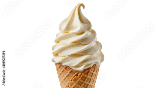 Tableau sur toile Creamy vanilla soft serve ice cream swirl in a waffle cone, isolated on transpar