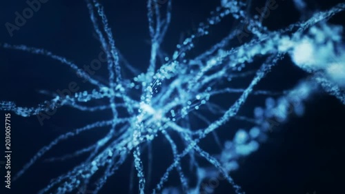 A futuristic abstract animation of a glowing neon blue digital neural network with millions of shimmering light particles flowing through intricate, morphing lines against a deep, dark gradient