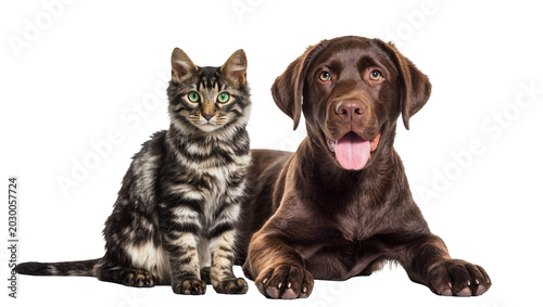 Photos Tabby kitten and chocolate labrador dog sitting together, isolated on transparen