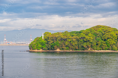 Cruise ship arriving at the port of Hiroshima with mountains and harbor infrastructure background, Japan