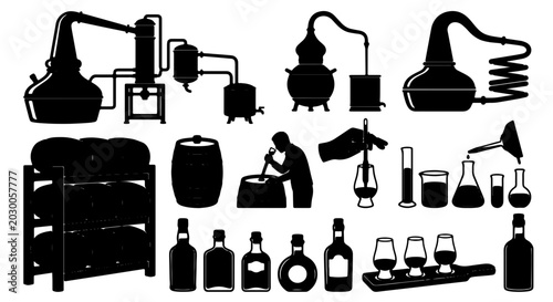 Obraz na plátně Whiskey Distillery Equipment and Bottles Vector Icons, Alcohol Production Elemen