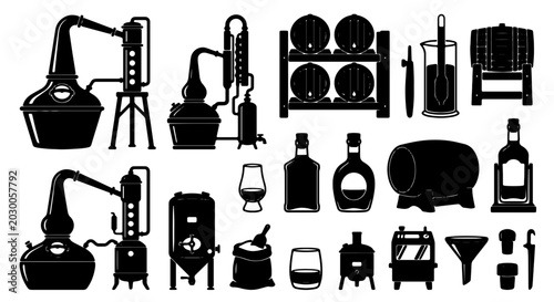 Slika na platnu Whiskey Distillery Equipment Icons, Alcohol Production Tools, Barrel Aging Vesse
