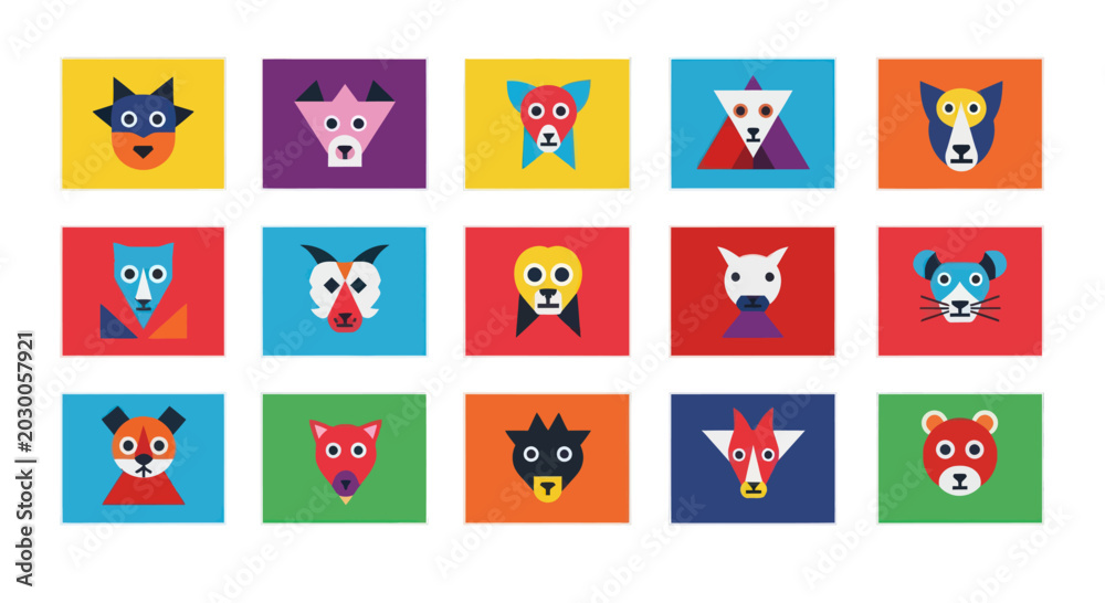 Fototapeta premium Colorful Geometric Animal Faces Icons Set