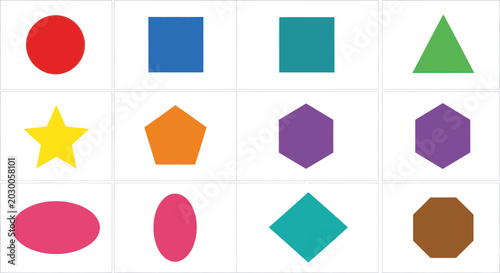 Colorful Geometric Shapes Collection: Circle, Square, Triangle, Star, Pentagon, Hexagon, Oval, Rhombus, Octagon