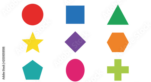 Colorful Geometric Shapes Collection: Circle, Square, Triangle, Star, Diamond, Hexagon, Pentagon, Oval, Cross