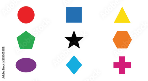 Colorful Geometric Shapes Collection: Circle, Square, Triangle, Star, Oval, Diamond, Hexagon, Pentagon, Cross