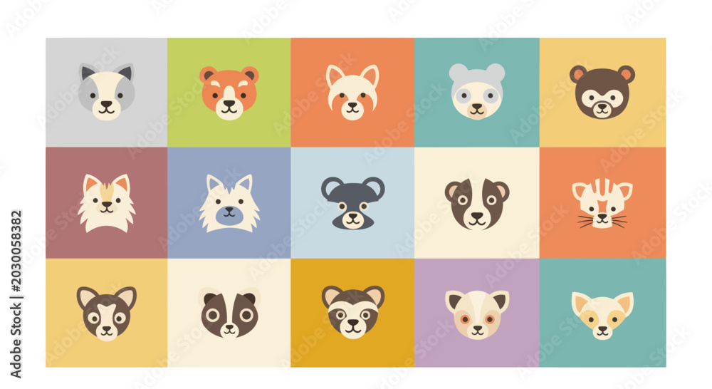 Fototapeta premium Cute Animal Faces Collection - Flat Design Icons