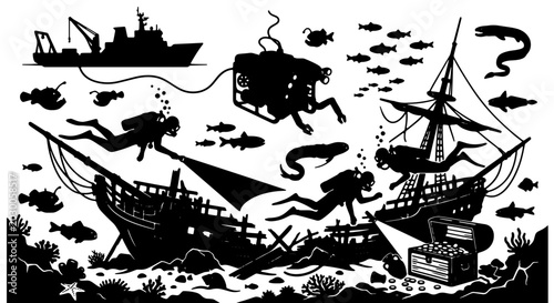 Canvastavla Underwater Exploration Set: Divers, Submarine, Shipwreck Treasure, Marine Life V