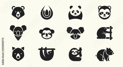 Photography Cute Animal Icons Set: Bears, Pandas, Koalas, Sloth, and Water Drop