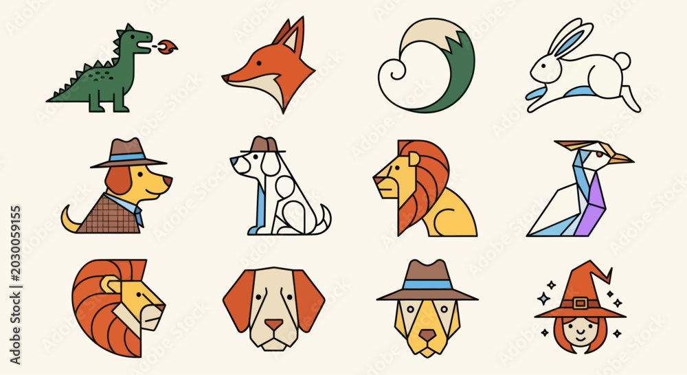 Obraz premium Cute Cartoon Animal Icons Set: Dinosaur, Fox, Rabbit, Dog, Lion, Bird, Witch