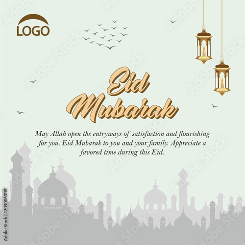 Minimal Eid Mubarak Poster Design with Lanterns and Mosque Background