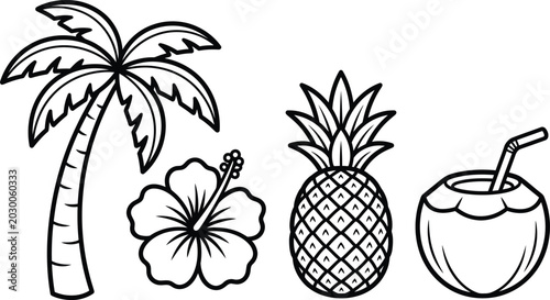 Tropical Beach Elements Coloring Page: Palm Tree Hibiscus Flower Pineapple and Coconut Drink Line Art