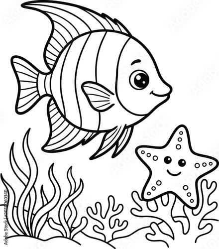 Under the Sea Coloring Page: Cute Angelfish and Smiling Starfish with Coral Reef Seaweed Line Art