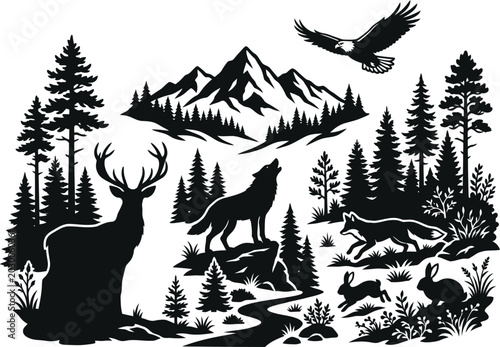 Wildlife Silhouette Scene with Mountain Peak: Wolf Howling Deer Eagle Flying Fox and Rabbit in Pine Forest