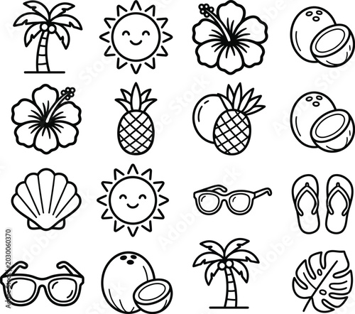 Cute Summer Beach Icons: Kawaii Sun Palm Tree Hibiscus Flower Sunglasses and Coconut Line Art
