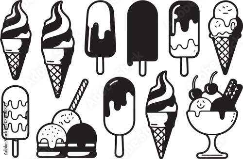 Black and white illustrations of various ice cream and dessert icons on white background