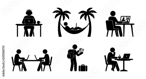 Bild auf Leinwand Remote Work Icons, Digital Nomad Lifestyle, Work From Anywhere Vector Set
