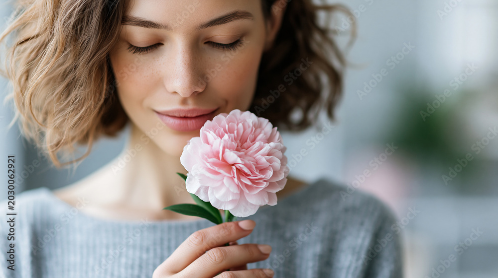 Naklejka premium Woman holding a soft flower in a tender portrait, natural femininity, gentle self-expression, floral lifestyle photography, defocused background, with copy space