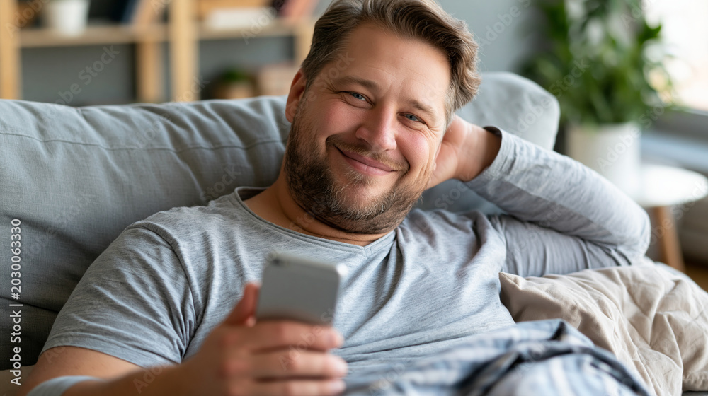 Obraz premium Overweight man taking a relaxed selfie while lying in bed at home, body positivity for men, comfortable self-acceptance, casual home lifestyle, with copy space