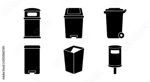 Black Silhouette Trash Cans, Waste Bins, Garbage Receptacles, Recycling Containers Vector Icons Set
