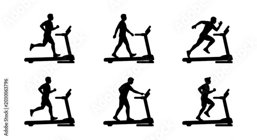 Tableau sur toile Treadmill Silhouette Set: Running, Walking, Exercising Figures, Fitness Icons, G