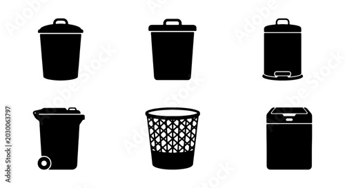 Black Silhouette Trash Cans, Waste Bins, Garbage Containers, Recycling Icons Set