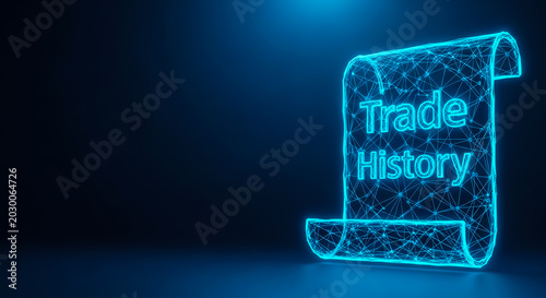 A futuristic glowing blue scroll labeled 'Trade History' floating against a dark background, symbolizing digital data or records.