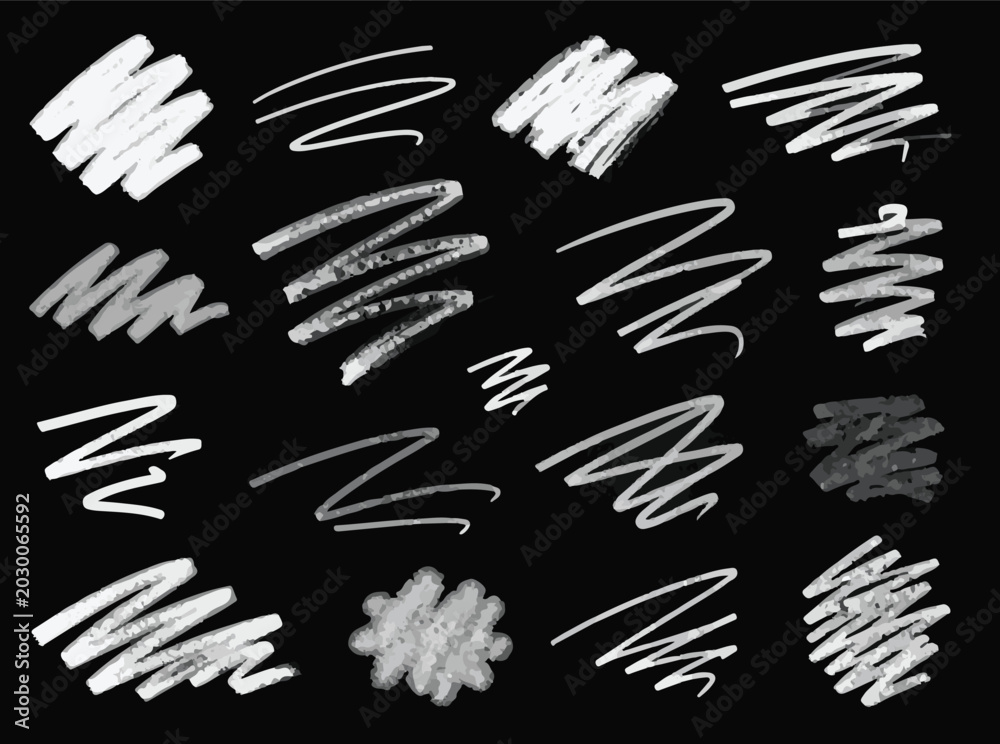 Fototapeta premium Abstract chalk scribble vector elements set, white crayon texture lines and hand drawn pencil scratches on black background