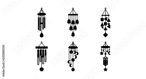 Foto Set of 6 Black and White Wind Chime Icons, Mobile Decor Elements, Hanging Orname