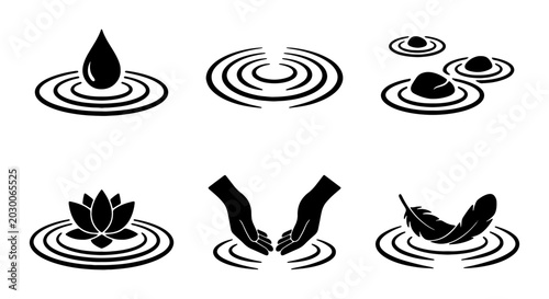 Photography Zen Water Icons: Ripple, Drop, Lotus, Stones, Hands, Feathers, Serenity