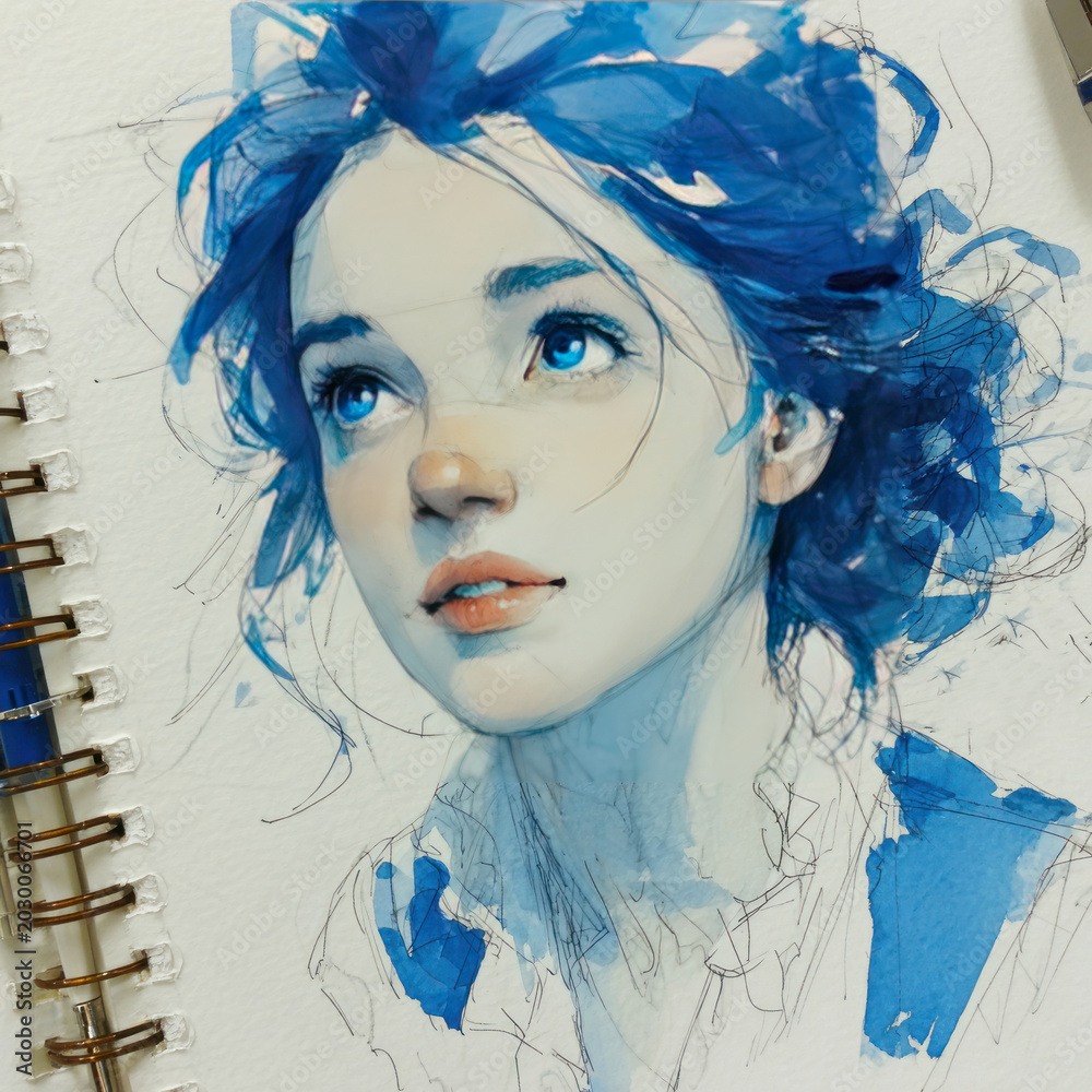 Fototapeta premium Expressive Blue Watercolor Portrait Sketch of Young Woman with Abstract Ink Lines