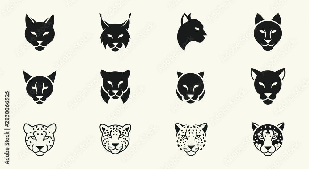 Fototapeta premium Wild Cat Icons Set: Lynx, Puma, Leopard, Cheetah, Jaguar, Tiger Faces
