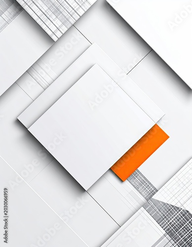 Geometric overlap with white planes and an orange accent. Geometric overlap with white planes and an orange accent
