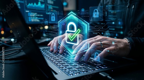 hands typing on laptop with security lock and checkmark overlay