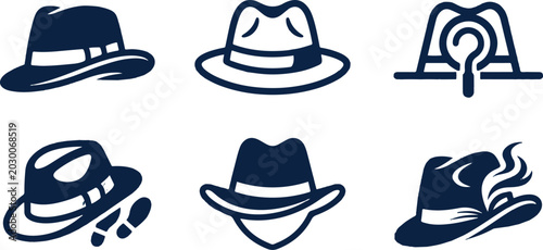 Detective and spy fedora hat vector icons set