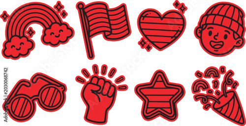 Foto Red doodle art icons set featuring celebration patriotism love symbols hand draw