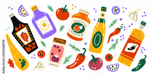 Foto colorful condiment and spice illustration kit flat vector style