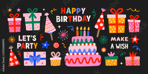Foto happy birthday illustration with gifts and party elements