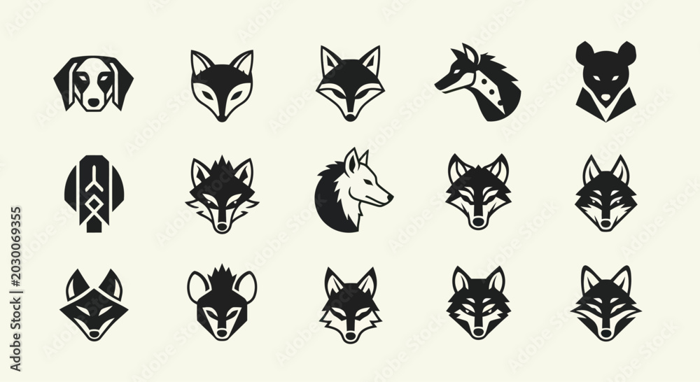 Fototapeta premium Set of Stylized Animal Head Icons: Fox, Wolf, Dog, Bear, Hyena