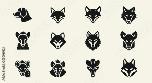 Photography Set of stylized animal head icons: dogs, foxes, wolves, and hyenas