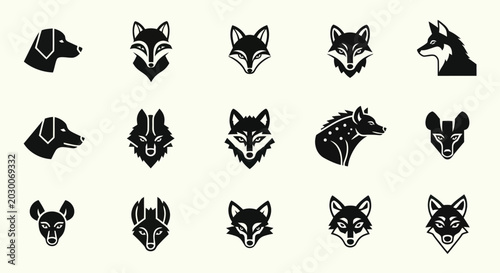 Photography Set of stylized animal head icons: dogs, wolves, foxes, hyenas