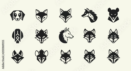 Photography Set of Stylized Animal Head Icons: Fox, Wolf, Dog, Bear, Hyena