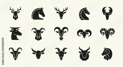 Canvas Print Set of stylized animal head icons, vector illustration, graphic design elements