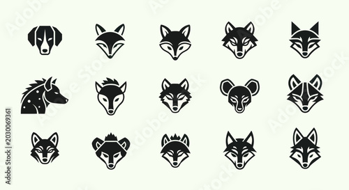 Photography Set of stylized animal head icons, minimalist vector art, wild and domestic crea