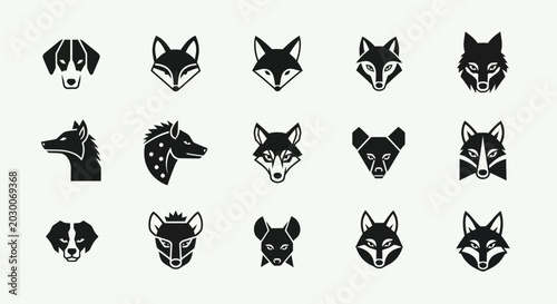 Photography Set of stylized animal head icons, including dogs, foxes, wolves, and hyenas